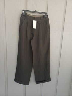 Poetry Linen Wool Trousers Size 6 Women Minimalist High Rise Pockets Dark Forest